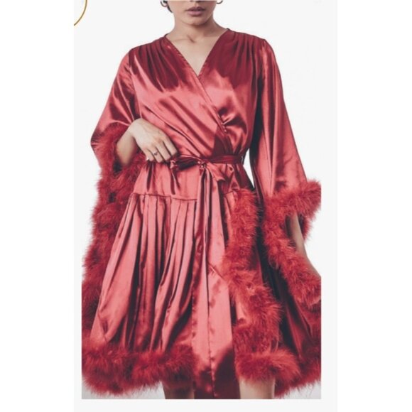 Solistawear Valentina Red Satin Robe Feather Trim Luxe Wrap – Solista W Size L - Picture 12 of 12